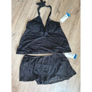 Catalina Womens Black Crochet Halter Tankini Top 3X and Skirt Bottom 2X Set NWT